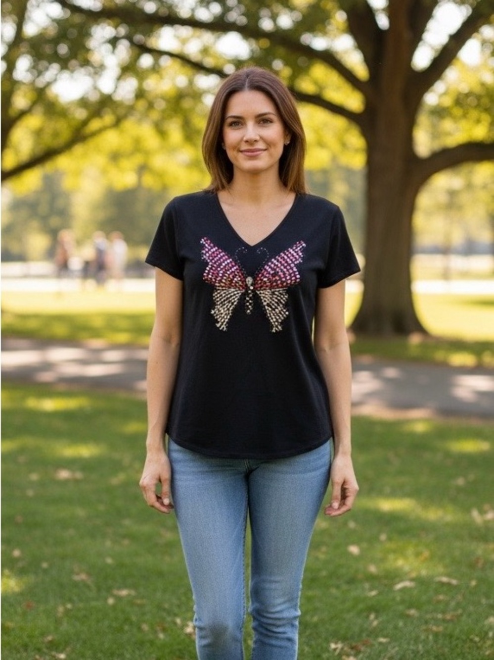 August Silk Women's Short Sleeve Silk Blend Knit Top Butterfly Embellished Sz L